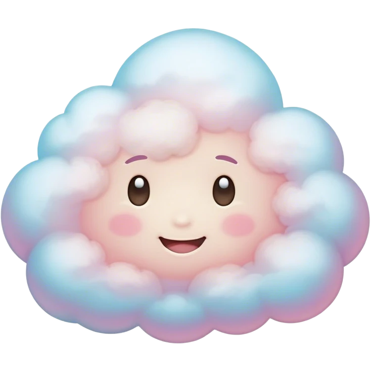 Cinematic round pastel cloud, soft puffy texture, gentle glowing edges, tiny happy face with blushing cheeks, floating in a dreamy sky, warm and magical. emoji