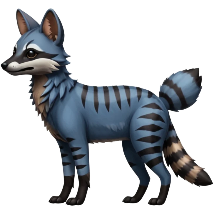 Realistic edgy bluish greyish blackish whitish silvery coppery Shiny Colorful Dusky Dark Gloomy Glossy Aardwolf-Maned-Wolf-Genet-Bobcat-fusion-animal-hybrid-creature, full body emoji