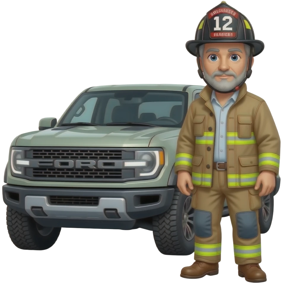 Ford bronco Cartoon emoji-style grey haired man in jeans, cowboy boots, and a firefighter helmet with 12 on the front standing next to marsh gray colored 2025 ford bronco emoji