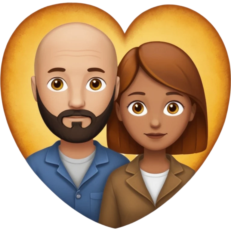Couple. Bald man with dark brown-black beard. Woman with many small, faded freckles, white skin and she has auburn-yellow-brown-caramel-cinnamon dark hair. She has light yellow-brown eyes. The man have hazel eyes. They are inside a big heart. emoji