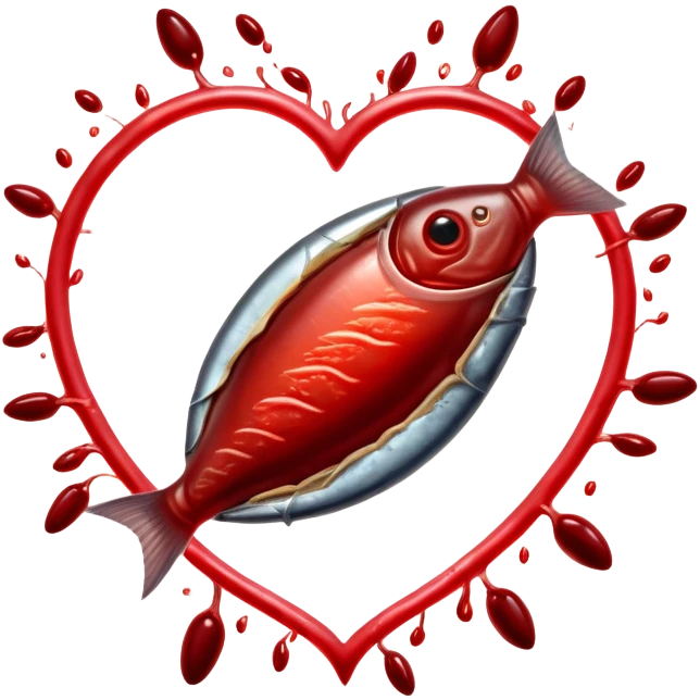 Ethereal red meat, liver, and sardines glowing with magical energy surrounding a bright red blood cell. Mystical light connects the foods to the blood cell and flows toward a heart and muscles, showing heme iron's role in creating vitality and energy throughout the body. emoji