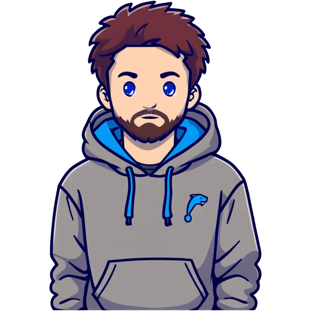 Full body Adult male with blue eyes and dark redish messy hair and trimmed facial hair wearing a gray puma hoodie emoji