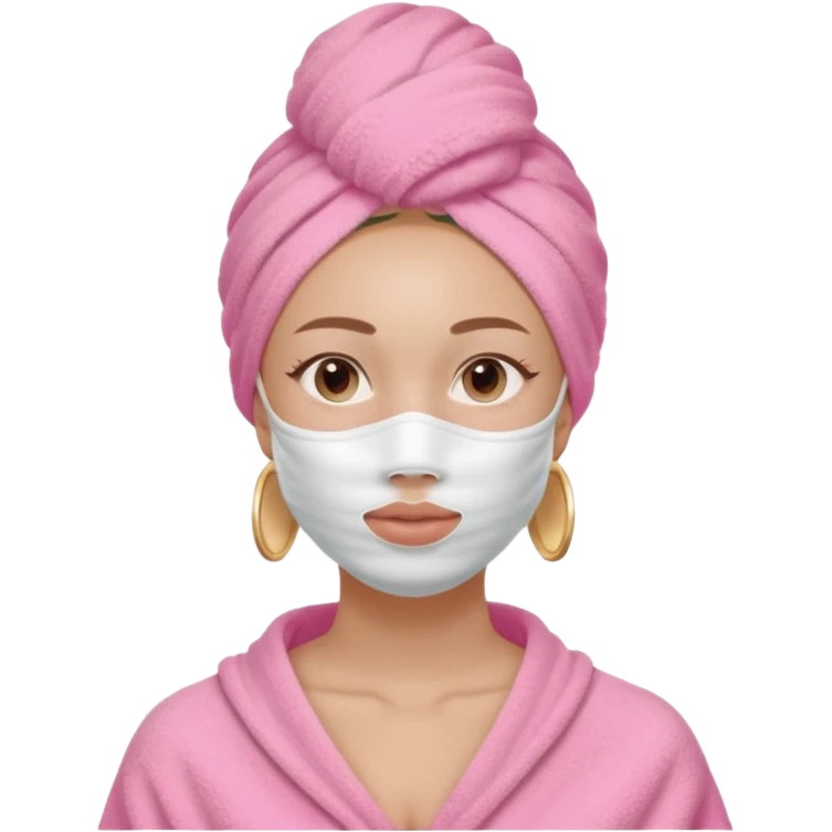 Clean girl influencer character, chest-up portrait, wearing a pink towel wrapped around the head, half-face skincare mask (applied only on one side of the face), relaxed confident expression, , minimal chic self-care aesthetic, subtle beauty accessories emoji