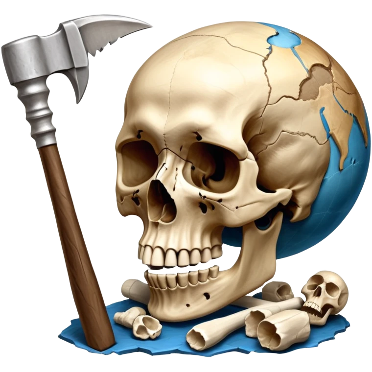 An icon featuring a human skull and fossilized bones, symbolizing the study of anthropology. The design includes archaeological tools like a pickaxe and brush, with a background of ancient artifacts and a globe. Transparent background emphasizes the exploration of human history and evolution. emoji
