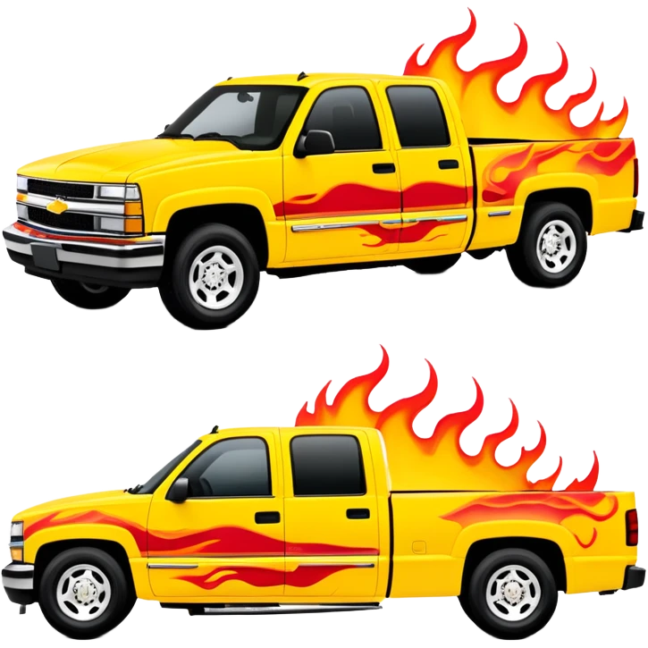 Yellow 1997 Chevrolet C-2500 Crew Cab Silverado with airbrushed red flame artwork on the hood and front fenders, custom painted flames like in Kill Bill movie, 30-degree view, iOS emoji style emoji