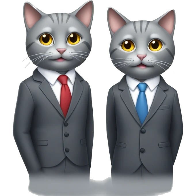 Two gray colored cats smiling wearing headphones standing back to back with suits    emoji