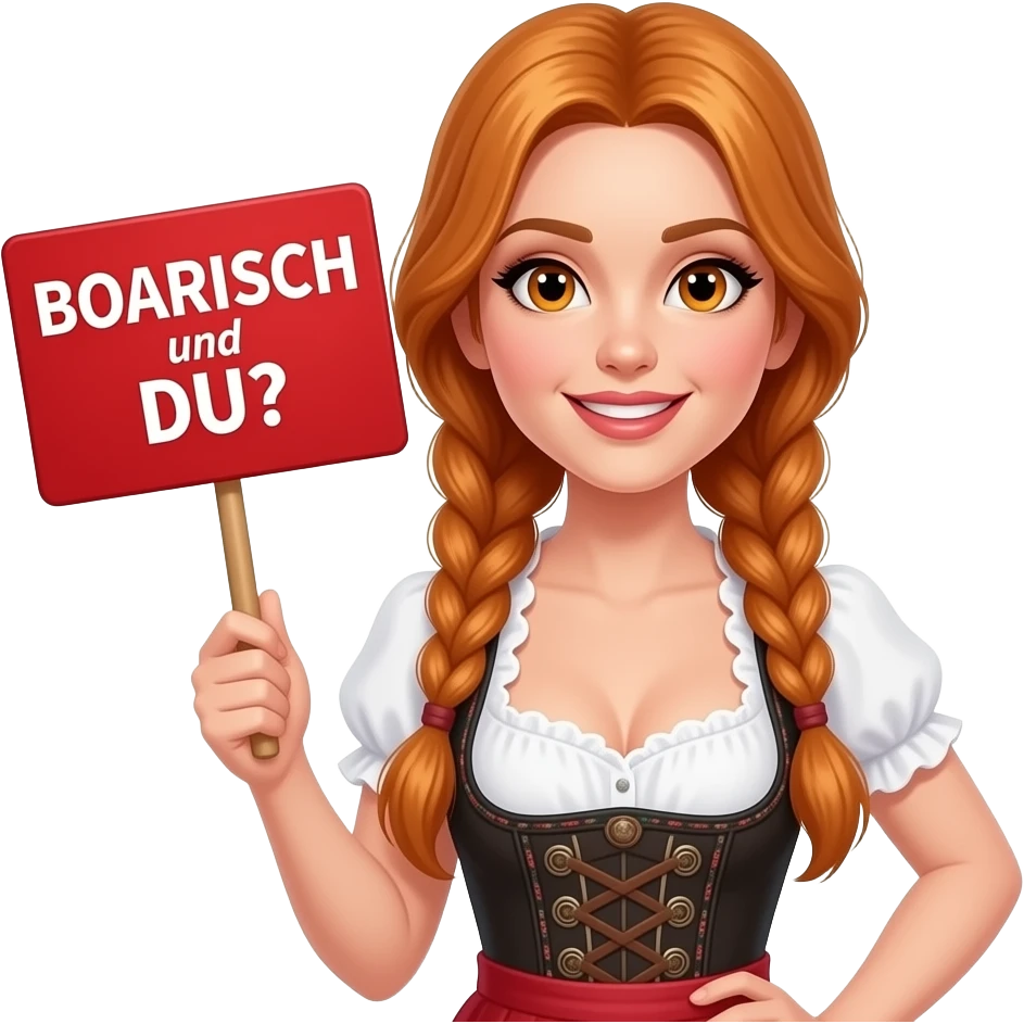 sexy girl with overlong ginger hair in braids and ginger eyes wearing a dirndl holding a I red BOARISCH und DU? sign emoji