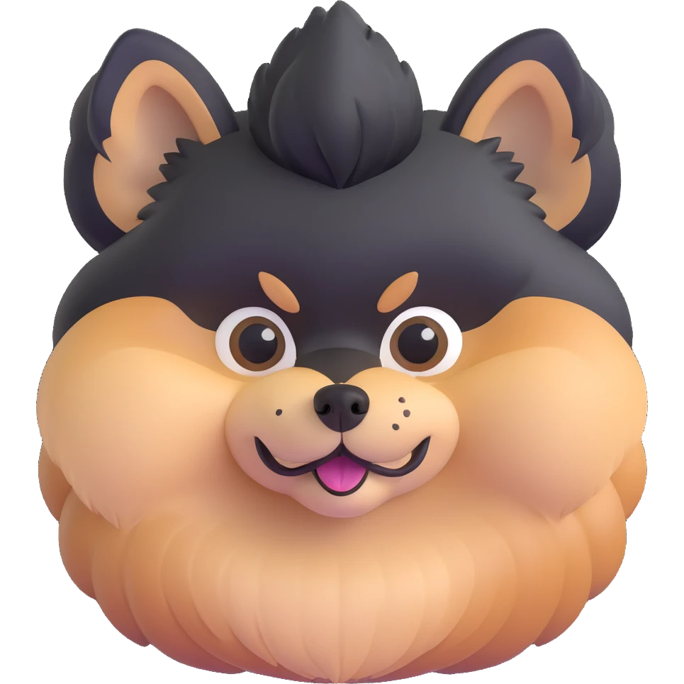 fluffy black and tan Pomeranian dog face, big dark eyes, black button nose, tan muzzle, tan eyebrow spots, thick fluffy fur, upright triangular ears with gray tips, friendly and cute emoji