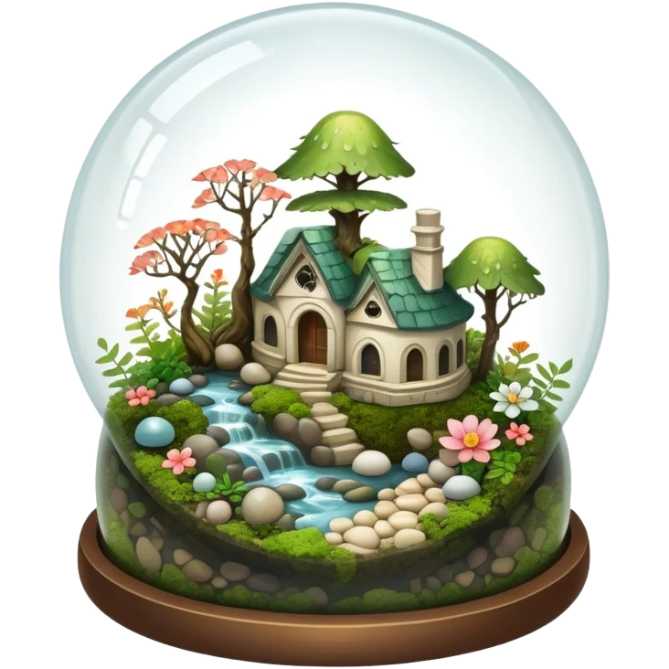Mystical woodland glass-dome-terrarium-globe with moss inside, with marbles, with pebbles, crystals, with bones inside, and flowers inside  emoji