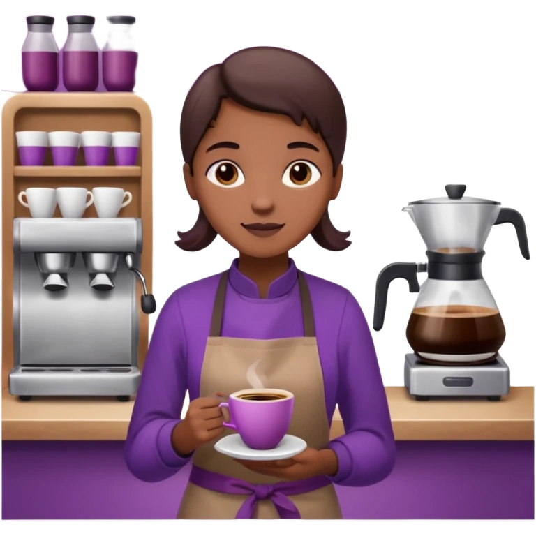 Create 3D minimalist emoji in the style of Coffee Lover — a coffee shop and roastery brand.
Style: cozy, warm.
Colors — purple-pink range.
barista with coffee
on the form it says "Coffee Lover" emoji