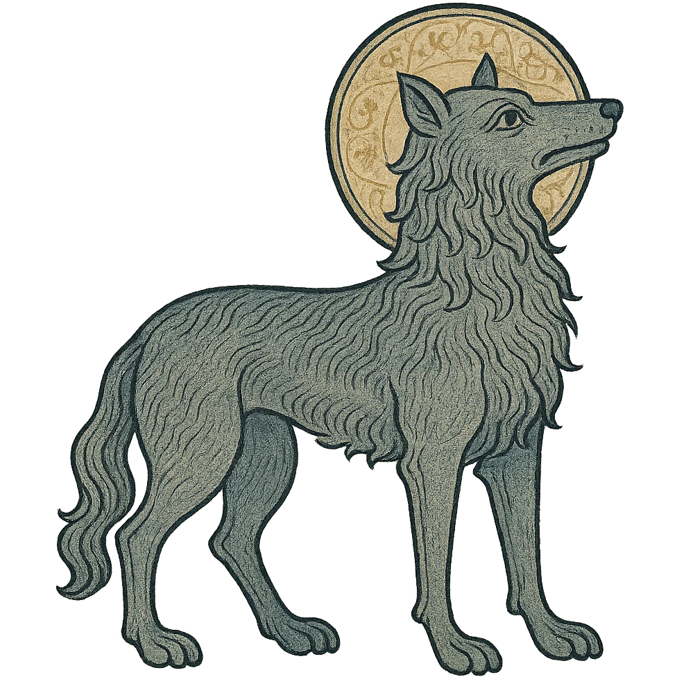 a dog in the style of the dog from The Moon tarot card, detailed, mystical, vintage illustration, no background emoji