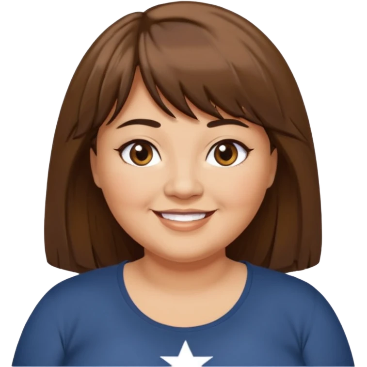 middle aged overweight woman with tan skin, black star next to left eye, long brown hair with bangs, brown eyes, smiling, white t-shirt emoji