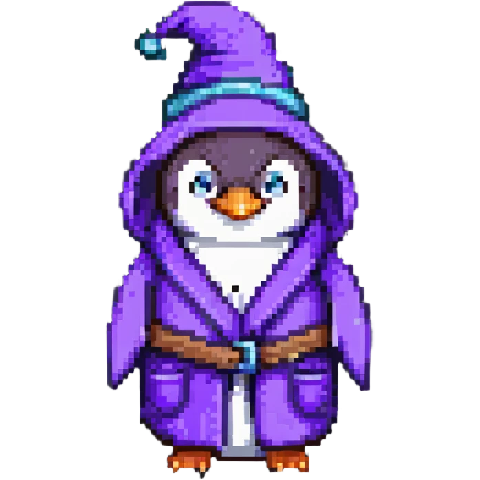 penguin character as a wizard with purple robe and pointy hat emoji