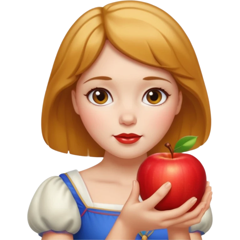 Create an emoji of Snow White holding a red apple, with short golden-brown hair. emoji