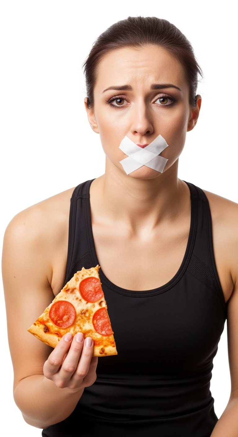donna fitness con una fetta di pizza in mano ed espressione molto triste e stanca, scotch a croce sulla bocca, sfondo bianco emoji