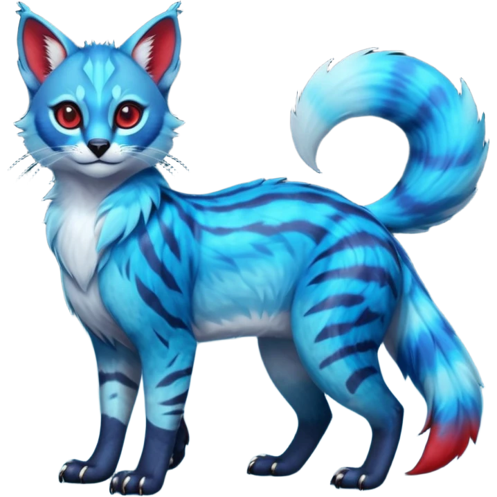 Cute kawaii cool edgy badass  vibrant cyan-cobalt-blue-to-crimson-red gradient-colored iridescent glossy fur  fantasy-caracal-civet-genet-sergal-vernid-Gryphon-Cacomistle-Trico-oncilla-animal-Fakémon-hybrid-fursona (full body), facial markings, (realism style) emoji