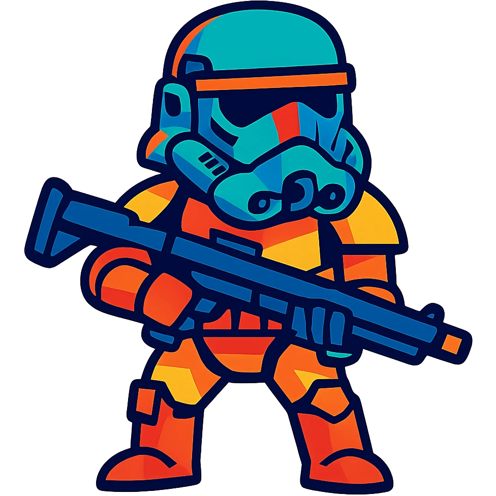 helmeted space trooper inspired by Star Wars, bold cartoon style, vibrant toon style emoji