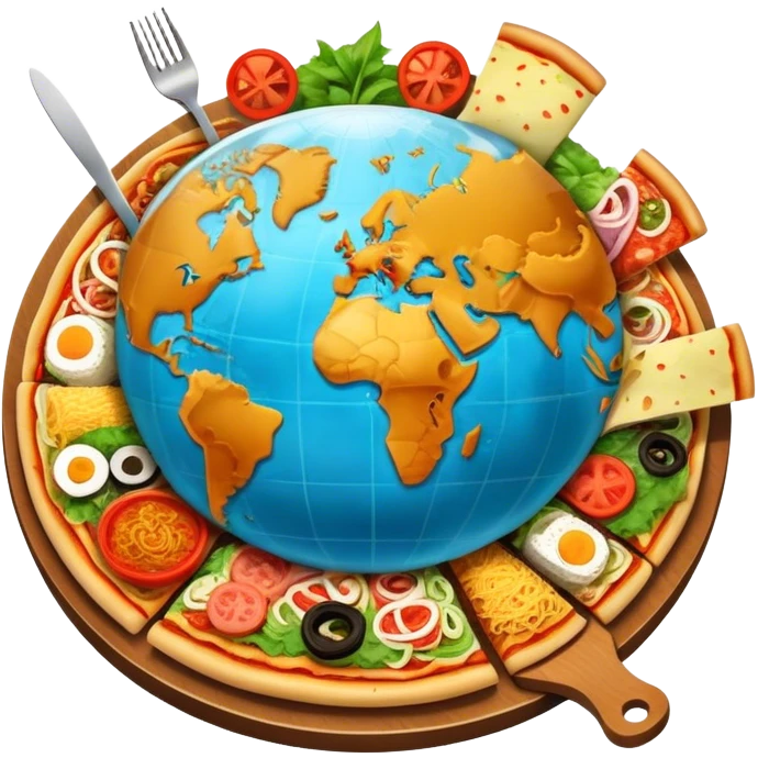 Icon for Gastronomic Tourism: a globe with various cuisines from around the world, such as pizza, sushi, tacos, and pasta, surrounded by food-related travel elements like a fork, knife, and map. Transparent background. emoji