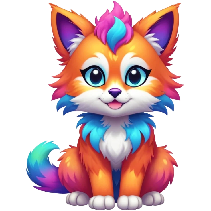 Vibrant multicolored neon-colored Falvie-Fionbri-creature-sparkle-feline-canine-hybrid-fursona, full body emoji