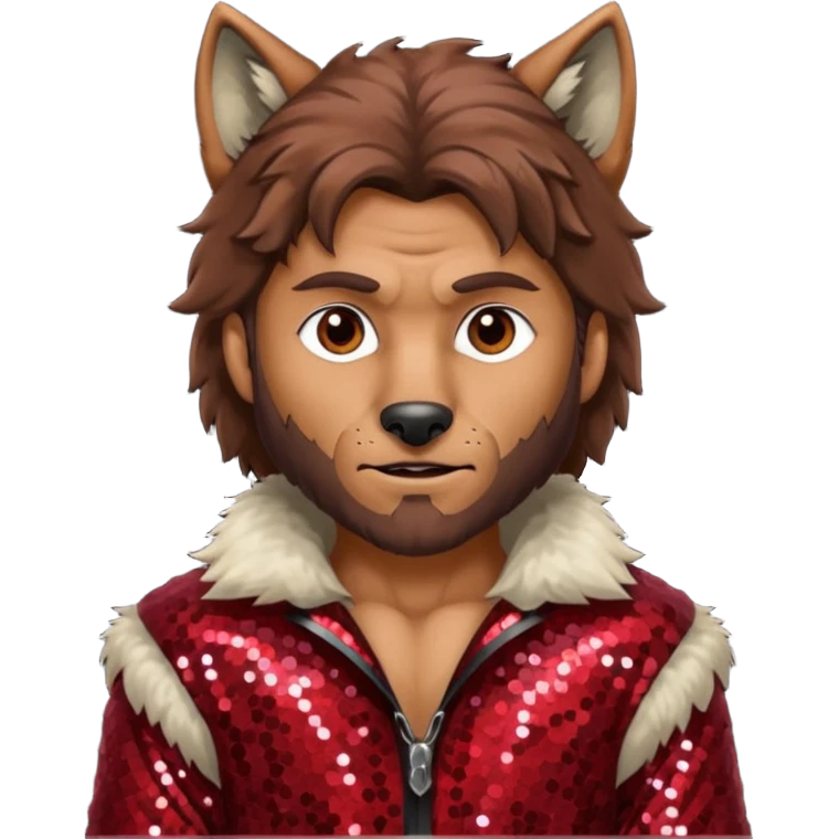 The Wolf Man with tan skin brown hair and fur, dark red sequin outfit emoji