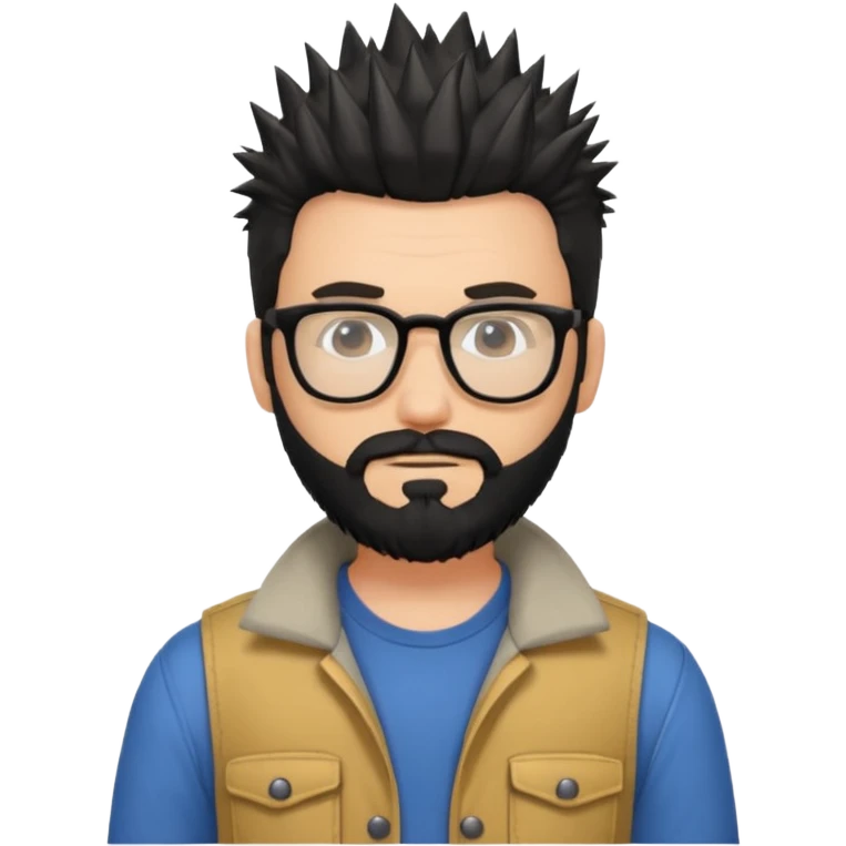 یه پسر سفید پوست با ریش مشکی و مدل موی جذاب که موهاش رو به بالاهست و عینک زده مدل موهاش اسپایکی باشه و لباسش هم رسمی نباشه emoji