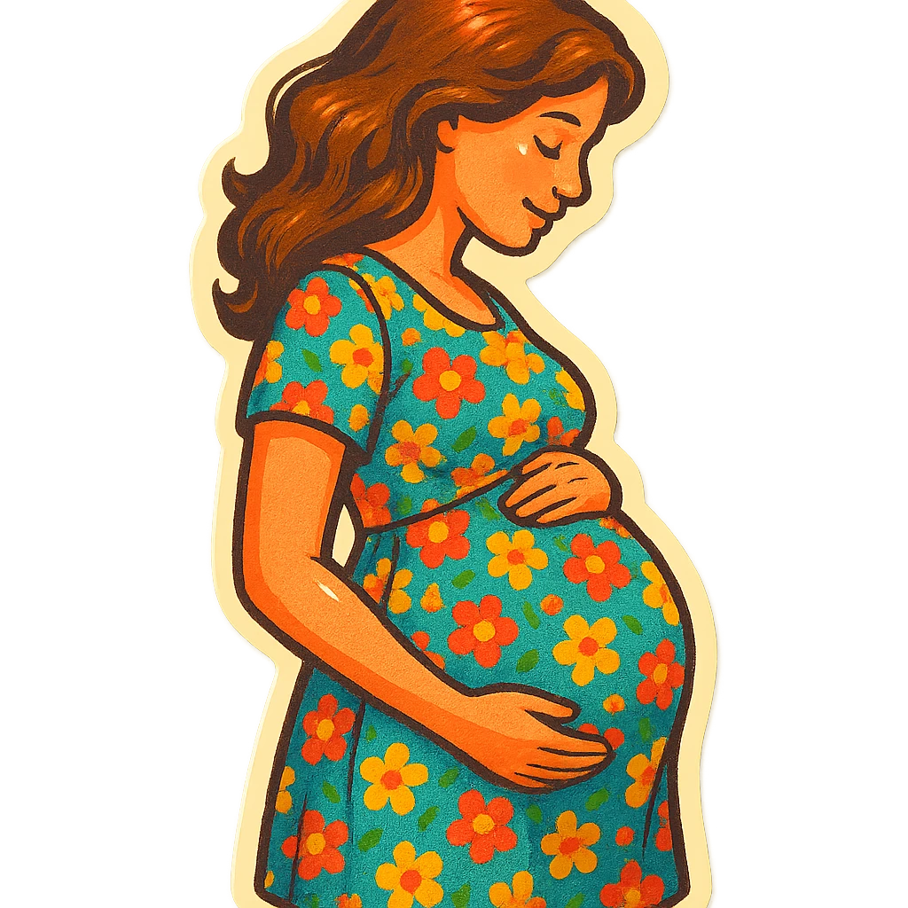 pregnant girl in floral print dress standing sideways holding belly, retro stickers style, soft rounded shapes, expressive contours, vintage color palette, light paper texture, shadows and highlights, transparent background emoji