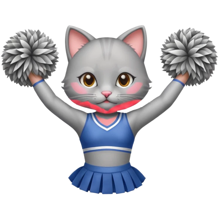 A cute sleek grey cat cheerleader twirling pom-poms with confident energy. emoji