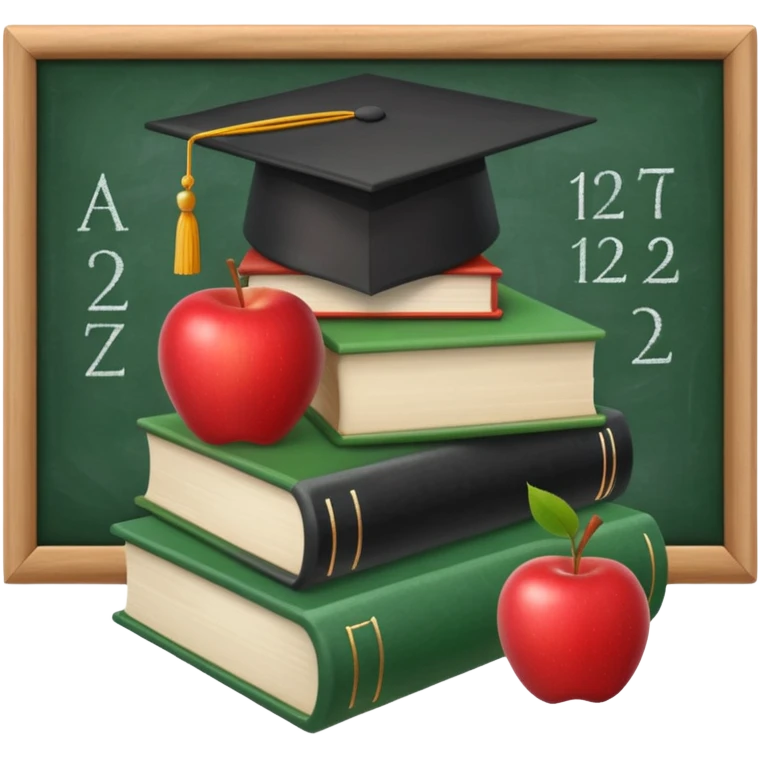 An icon featuring a chalkboard with educational equations, an apple, and a pencil, symbolizing pedagogy. The design includes a stack of books and a graduation cap, representing teaching and learning. Transparent background highlights the dedication to education and mentorship. emoji