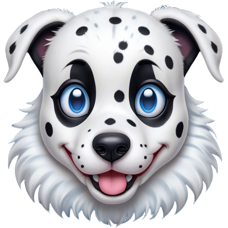 Cinematic Comical Harlequin Dalmatian Portrait Emoji, Head tilted dramatically with an exaggeratedly shocked or amused expression, featuring a striking Fur of predominantly white with vivid black patches, wide, expressive blue eyes filled with playful disbelief, Simplified yet hilariously expressive features, highly detailed, glowing with a slightly sassy glow, high shine, dramatic yet playful, stylized with an air of cheeky charm, bright and endearing, soft glowing outline, capturing the essence of a spirited and over-the-top guardian, so meme-worthy it feels like it could side-eye its way into internet fame instantly! emoji