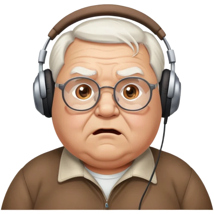 Very chubby brown old man with medium white hair, wearing glasses and headphones, looking surprised and angry, no facial hair, round full cheeks, double chin, looking to the upper left corner emoji