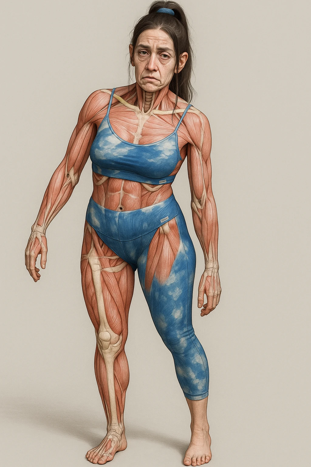 A woman in sportswear with an asymmetric posture, in a medical realistic style showing visible muscles and bones. The expression shows strong chronic stress signs including a tense face, dark circles under the eyes, and muscle tension. The background is neutral and the format is vertical. emoji
