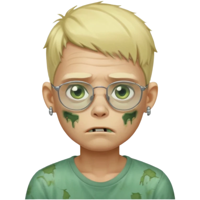 make a blond zombie boy, with a tired appearance, he wears frameless glasses, and 1 earring in each ear, a point of light earring style emoji