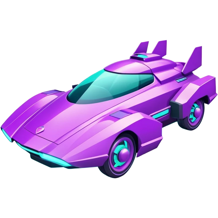 Futuristic retro hover car with sharp angular design and glowing purple wheels, flat vector style, minimal color palette with purple and teal accents emoji