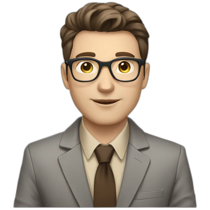 Pale skinned fit man with dark brown hair in gray jacket, beige office shirt, brown tie, brown pants and vintage glasses Writing on the tablet emoji