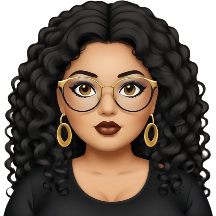 big plus size, latina, darker tan skin, long black curly hair, baddie,pretty, makeup, lipliner, black eyeliner, long hair, gold earrings, black top, black glasses emoji