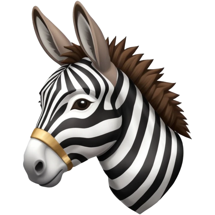 A donkey with a zebra head, donkey body with brown fur and zebra head with black and white stripes emoji
