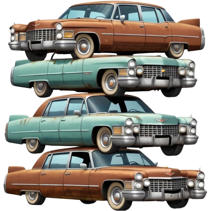 Cinematic realistic ultra HD - old abandoned Cadillac cars stacked in a pile emoji