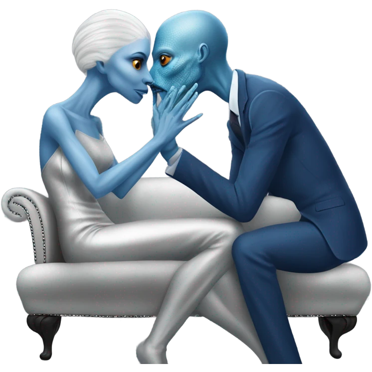 A reptilian alien woman in silver dress kissing human man in blue dress, on sofa emoji