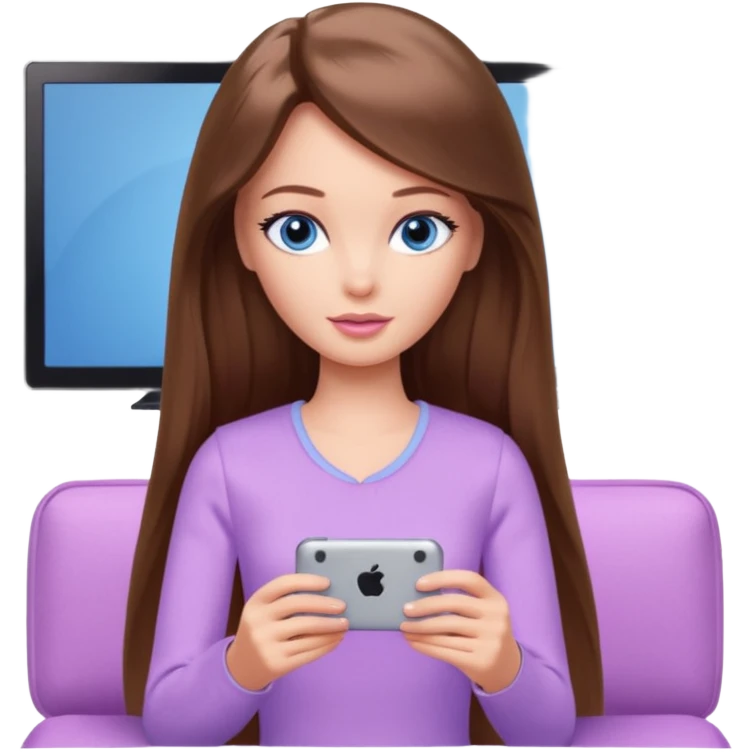 beautiful barbie girl with long brown hair, blue eyes and wearing light purple clothes watching netflix on tv emoji