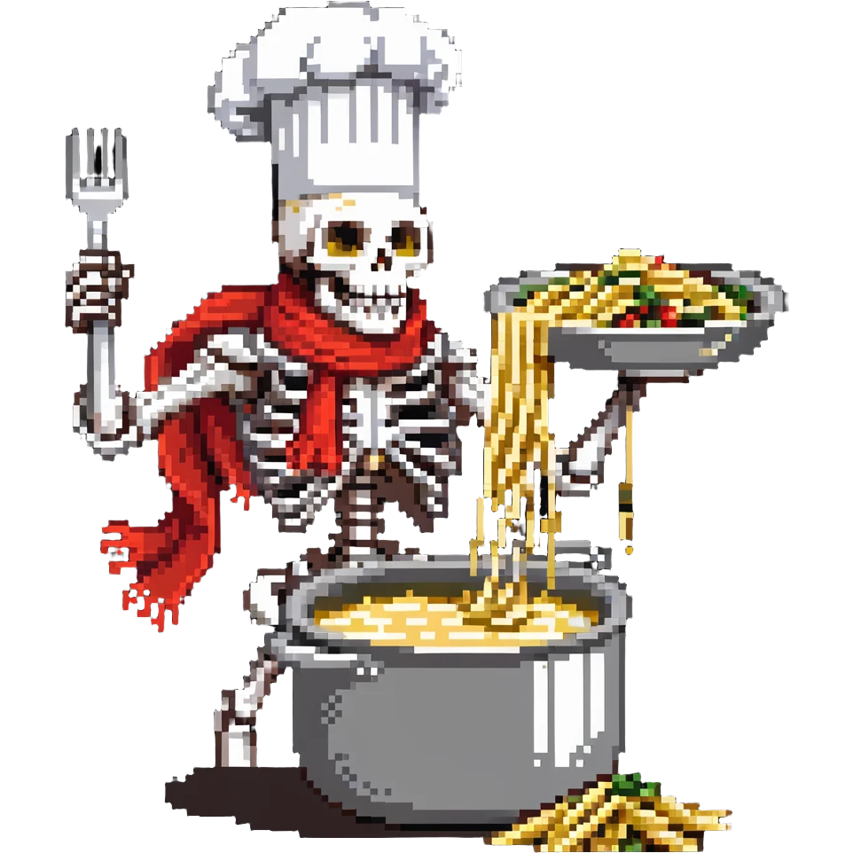 Papyrus from Undertale cooking spaghetti, tall skeleton with red scarf and white armor, enthusiastically stirring pasta in a pot, chef hat emoji