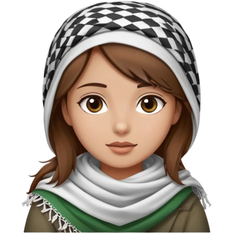 A girl wearing a Palestinian keffiyeh, brown hair, beautiful, and with a wheatish complexion tending towards white  emoji