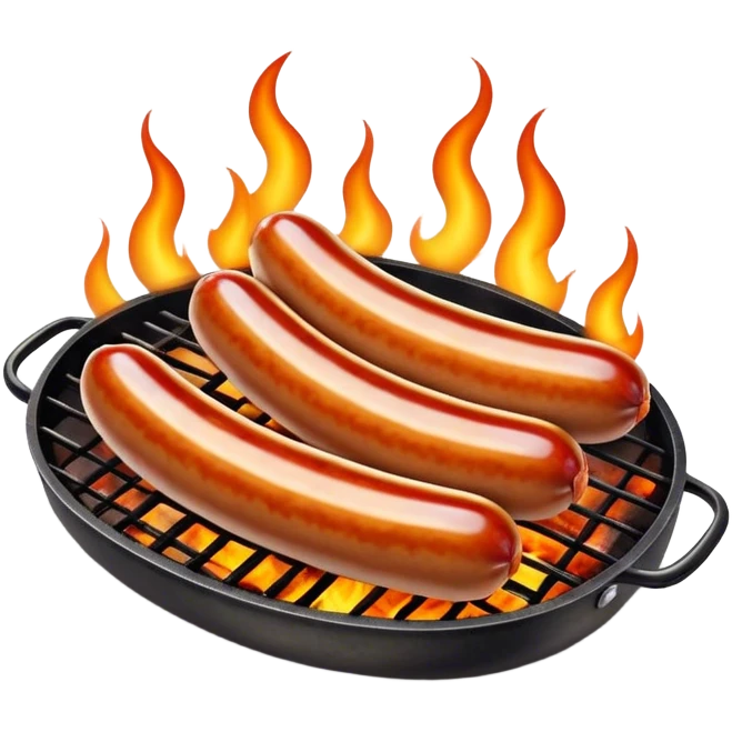 Cinematic Realistic Sausage Sizzle Dish Emoji, featuring sizzling sausages cooking over an open flame rendered with dynamic textures and warm, smoky lighting. emoji