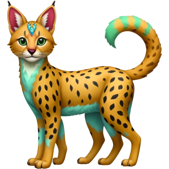 Colorful bluish cute adorable tropical exotic fruity kiwi-green lemony rosy neon-red Caracal-Cheetah-Serval-Snow-Leopard-Trico-Sergal-Vernid-fusion-hybrid-animal-creature, full body, with tribal markings emoji
