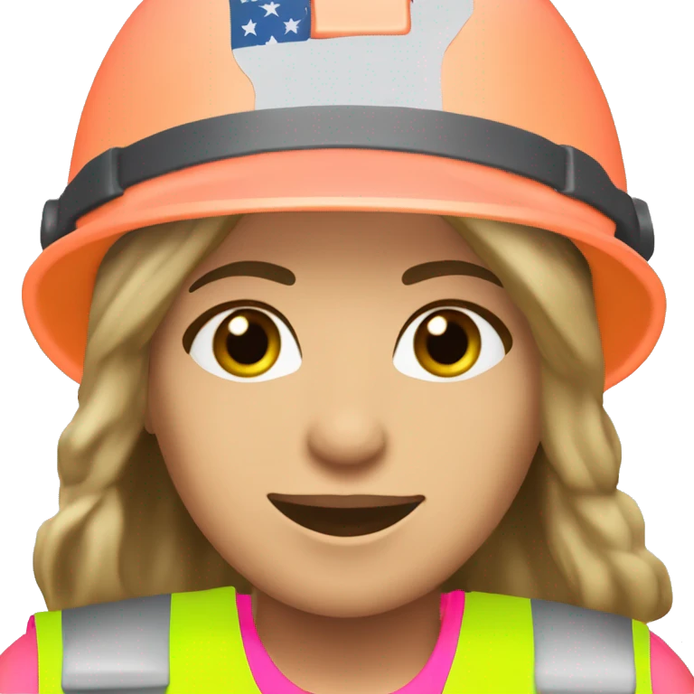 Jennifer Aniston is a construction worker wearing a neon pink safety vest with a hard hat and ear muffs. She has a patriotic patch on her vest  emoji
