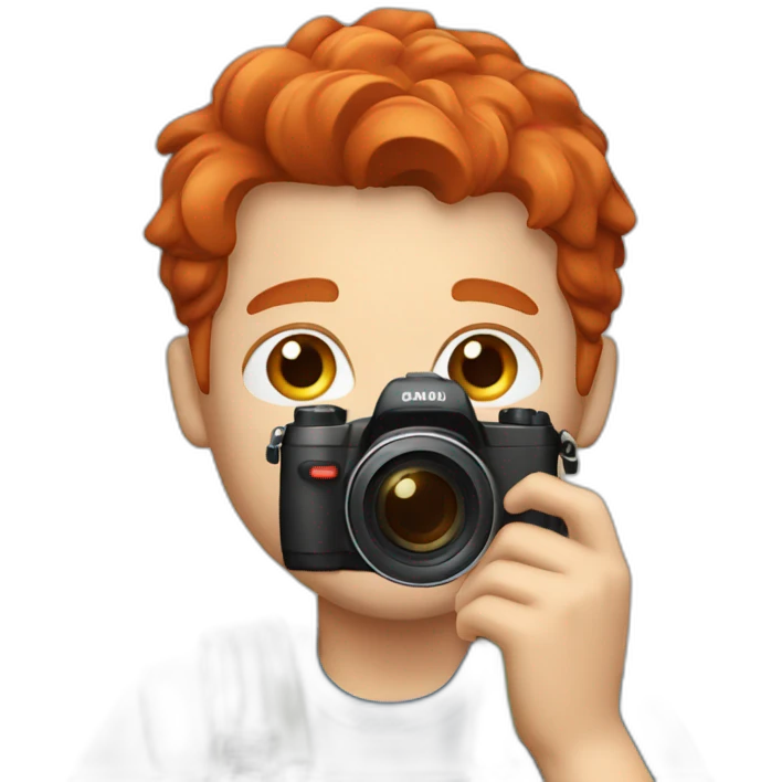 A red-haired boy vlogging with a camera emoji