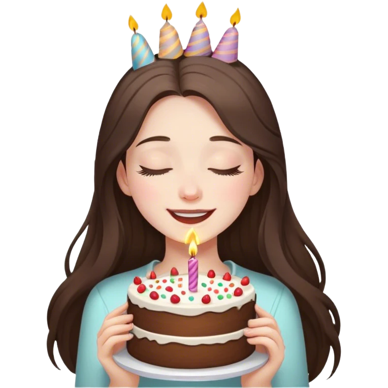 happy beautiful pale brunette girl with long eyes closed hair holding a piece of birthday cake  emoji