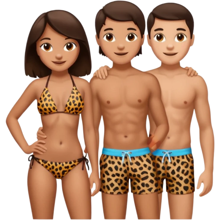a girl wearing leopard print bikini standing with a boy wearing shorts both brunette emoji