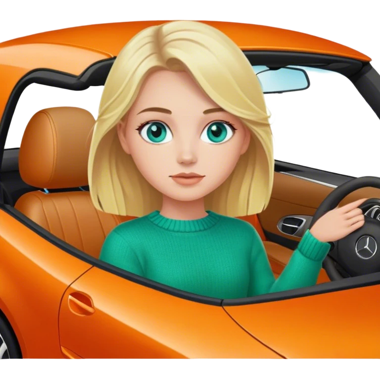 A cinematic realistic blonde with blue eyes, dressed in a green sweater, is driving an orange Mercedes car. emoji
