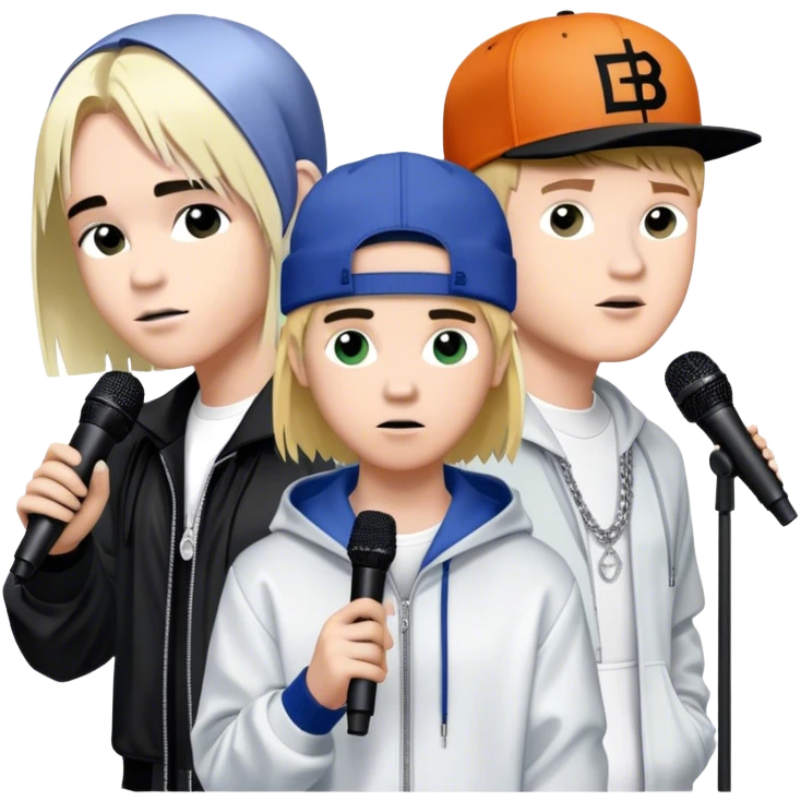Pop music collage: Justin Bieber, Eminem, Ed Sheeran, and Billie Eilish in signature looks. Stage lights, microphones, and musical notes around them. Transparent background. emoji