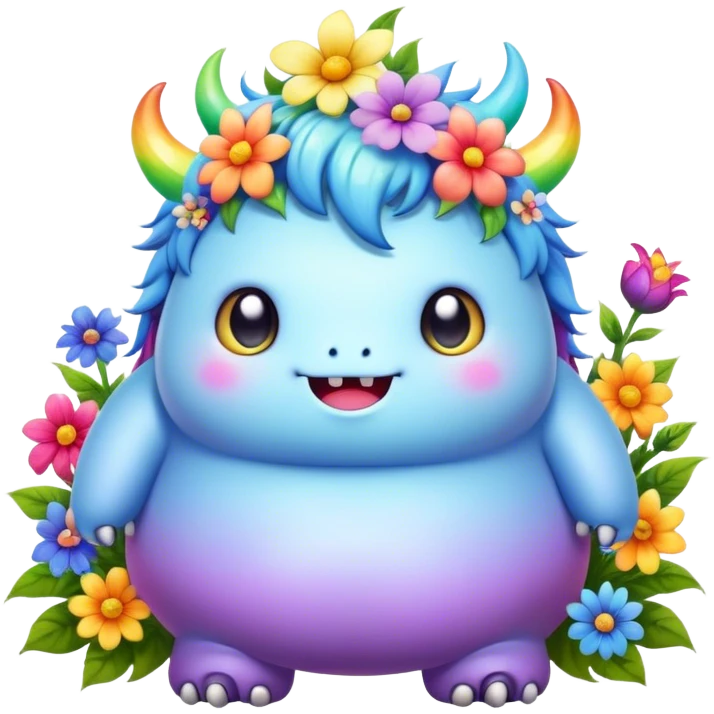 Kawaii derpy fat rainbow monster surrounded by magical flowers, rich textures, visually rich, so lifelike that it feels like it could leap off the page at any moment emoji